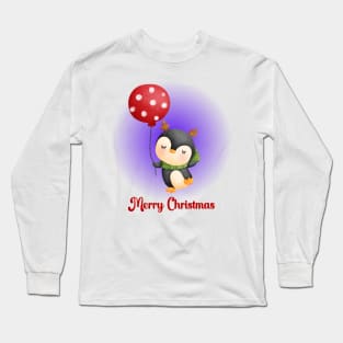 Merry Christmas Cute Penguin and Red Balloon Long Sleeve T-Shirt